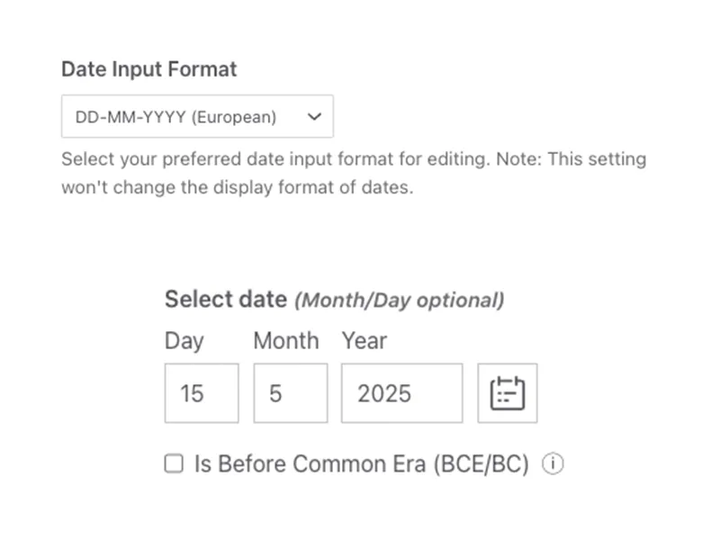 Screenshot of date format settings for a timeline project.