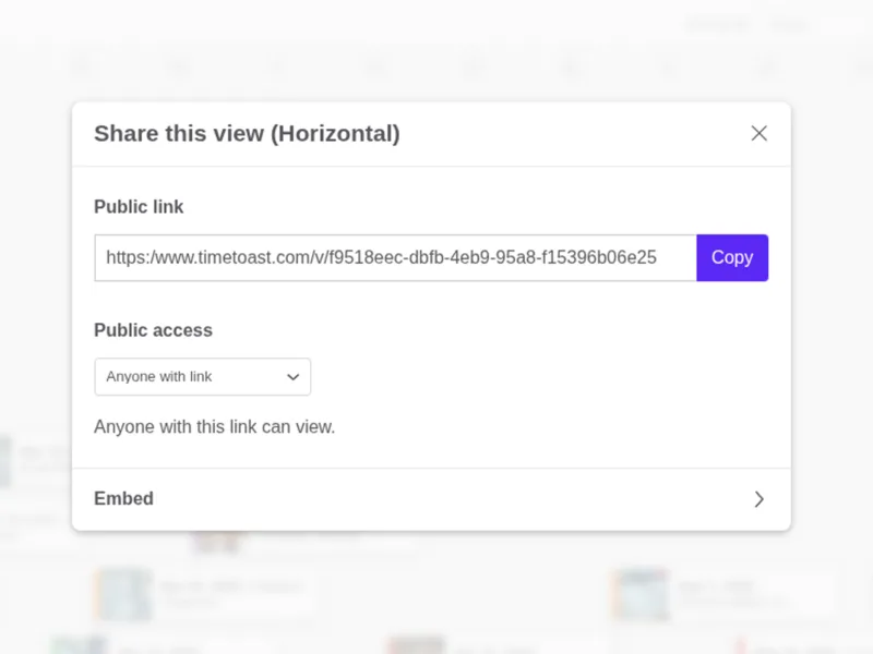 Screenshot of the share panel showing options for sending or publishing a timeline.
