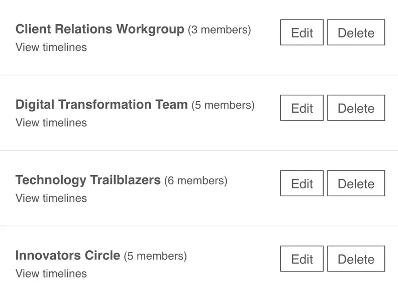 Interface listing teams such as Client Relations Workgroup, Digital Transformation Team, Technology Trailblazers, and Innovators Circle with options to edit or delete each group.