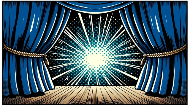 Stage curtains revealing a burst of light.