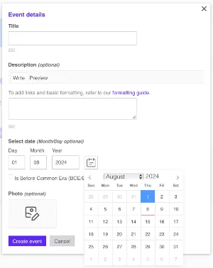 A screenshot of the timeline event form showing Title, Description, Date and Photo fields with an open calendar date picking control.