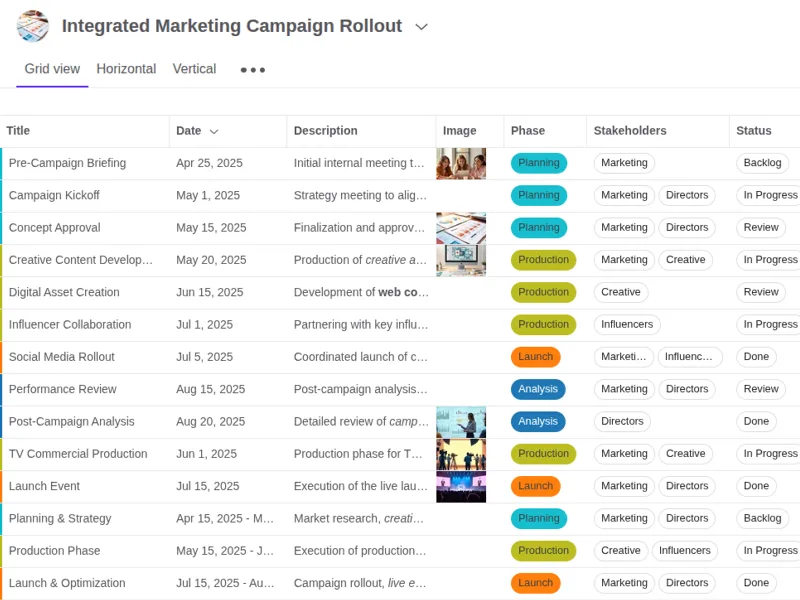 Screenshot of Timetoast grid view used to organize milestones, phases, stakeholders, statuses, and dates for a project.