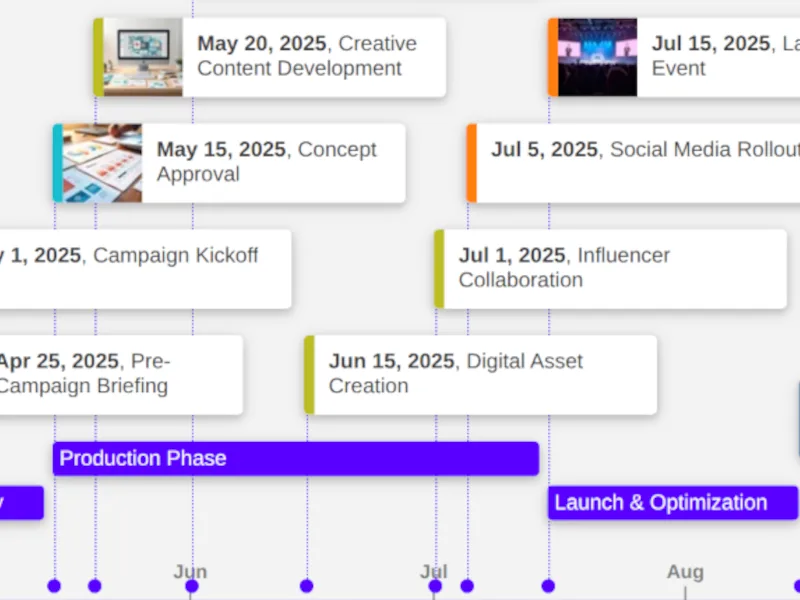 Screenshot displaying a auto-layout horizontal timeline view with color-coded events to visually organize and differentiate timeline entries.