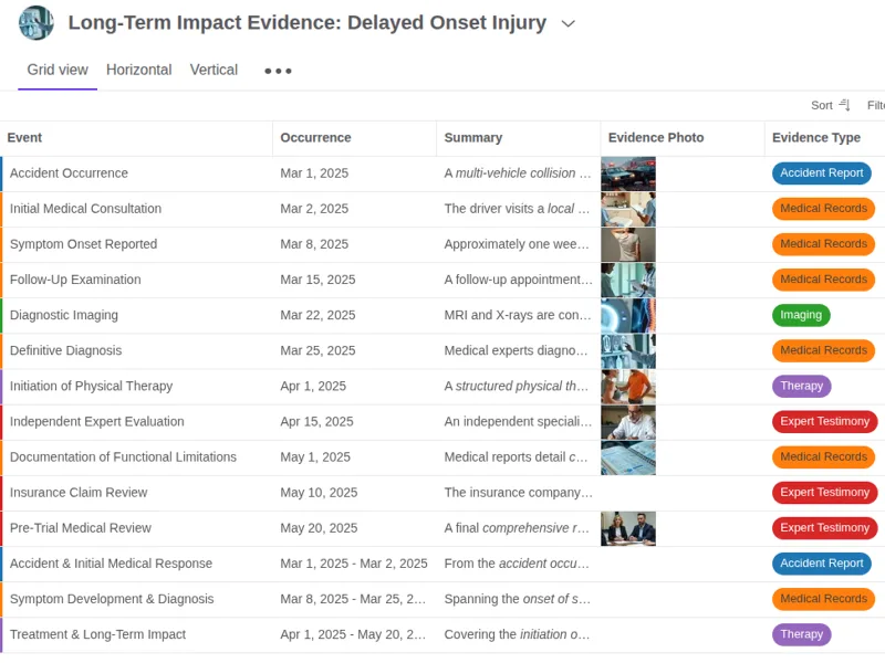 Screenshot of Timetoast grid view used to organise events, documents, and participants for a legal case.