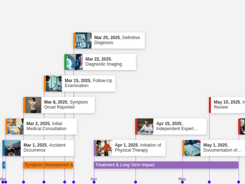 Screenshot of Timetoast horizontal timeline view showing legal case events arranged over time.
