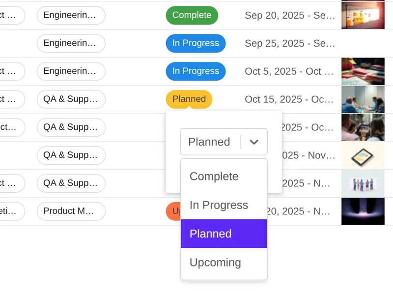 Screenshot of user interface assigning a phase to a roadmap timeline event.
