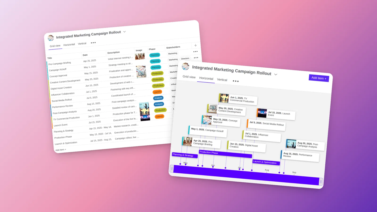 Screenshot of Timetoast showing color-coded timelines and multi-select fields in the grid and timeline views, helping teams organize and visualize projects more clearly.