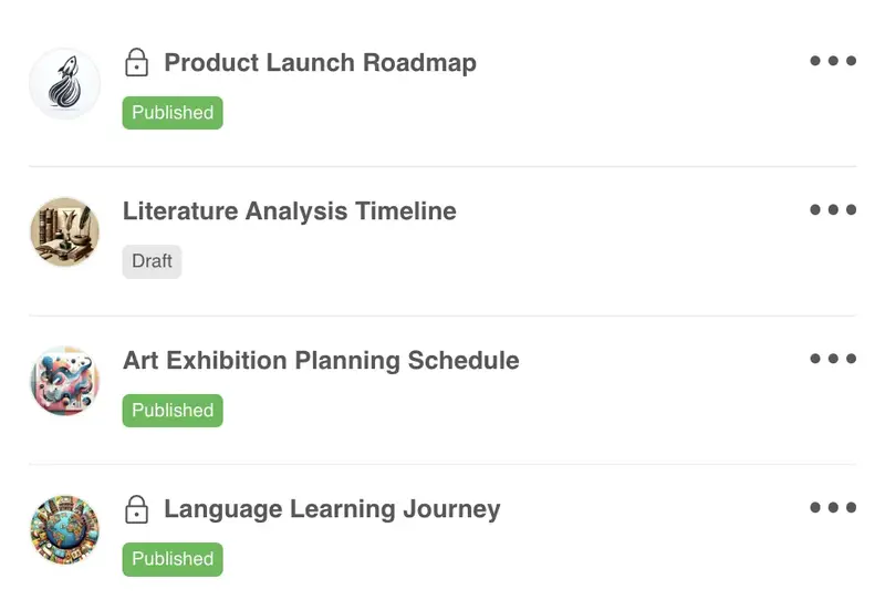 Dashboard displaying a list of timelines titled 'Product Launch Roadmap,' 'Literature Analysis Timeline,' 'Art Exhibition Planning Schedule,' and 'Language Learning Journey' with statuses indicating published or draft.